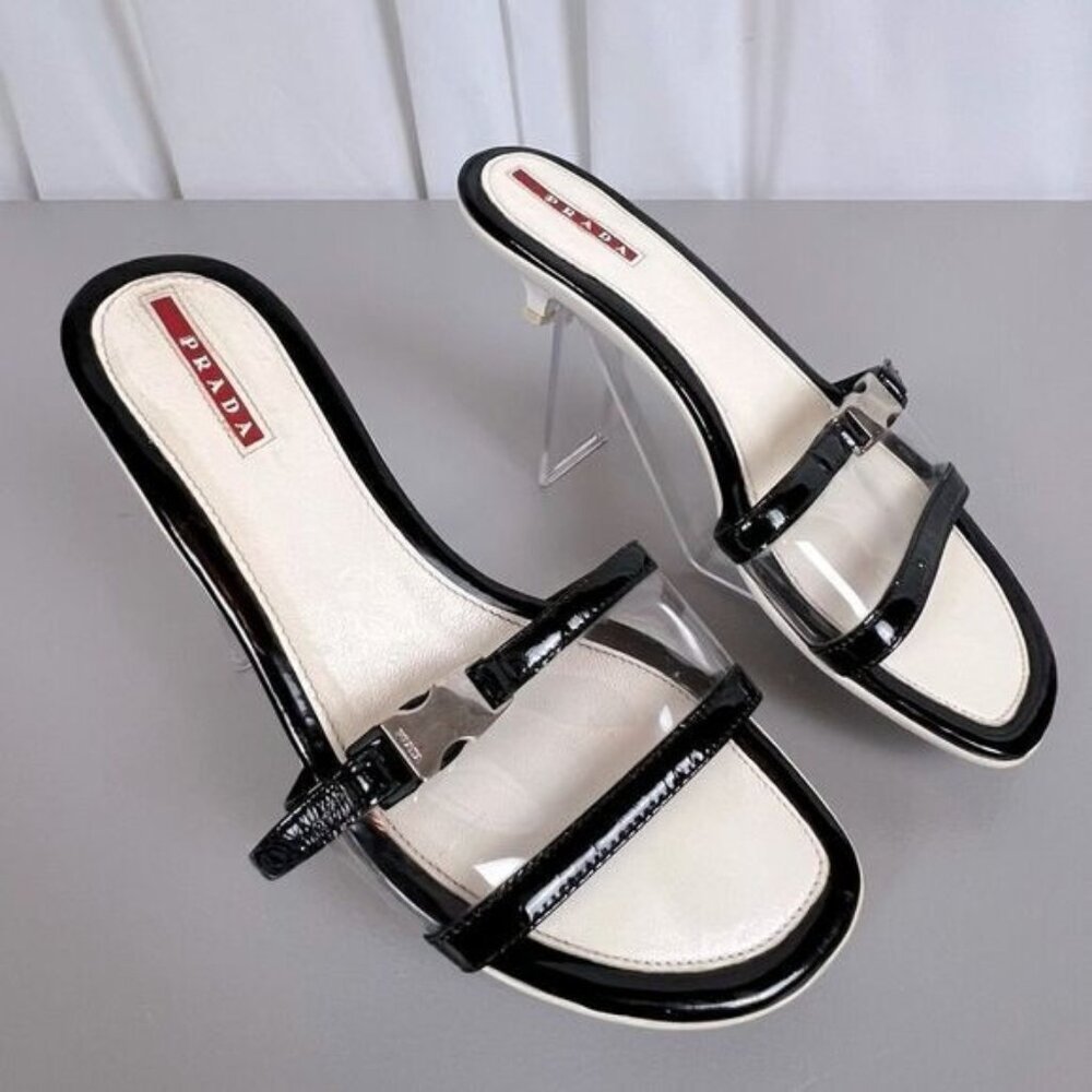 Prada Black and White Patent Clear-Strap Heeled Slides